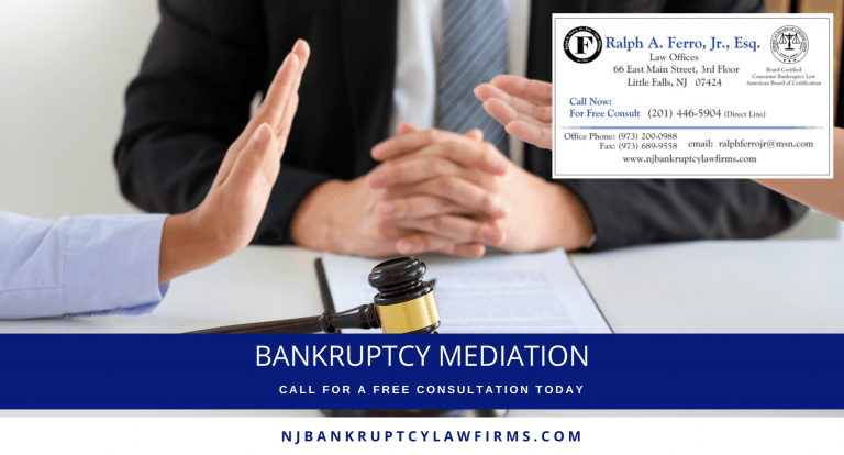 Bankruptcy Mediation Cover Photo of Bankruptcy Lawyer in the middle of a mediation meeting, branding for NJ Bankruptcy Lawfirms